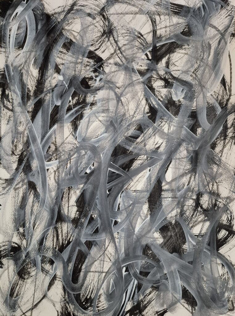 (Un)entangling Acrylic on watercolor paper 24 by 18 inches/61 by 46 cm 2025