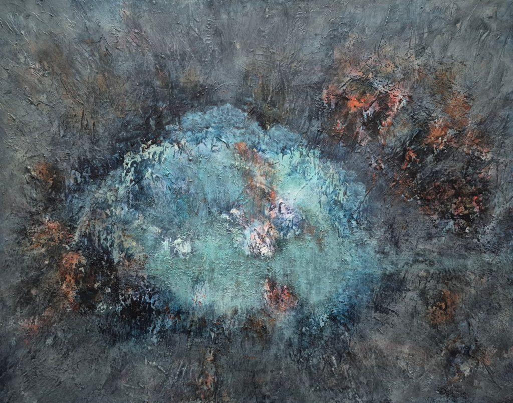 Fragile like a robin's egg. Acrylic on board. 16 by 20 inches/40 by 51 cm. 2026