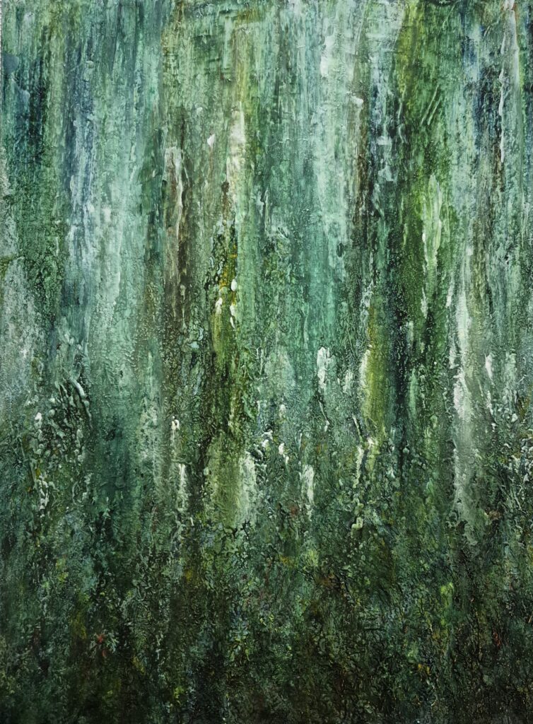 Tree Raining. Acrylic on board. 24 by 18 inches/61 by 46 cm. 2026